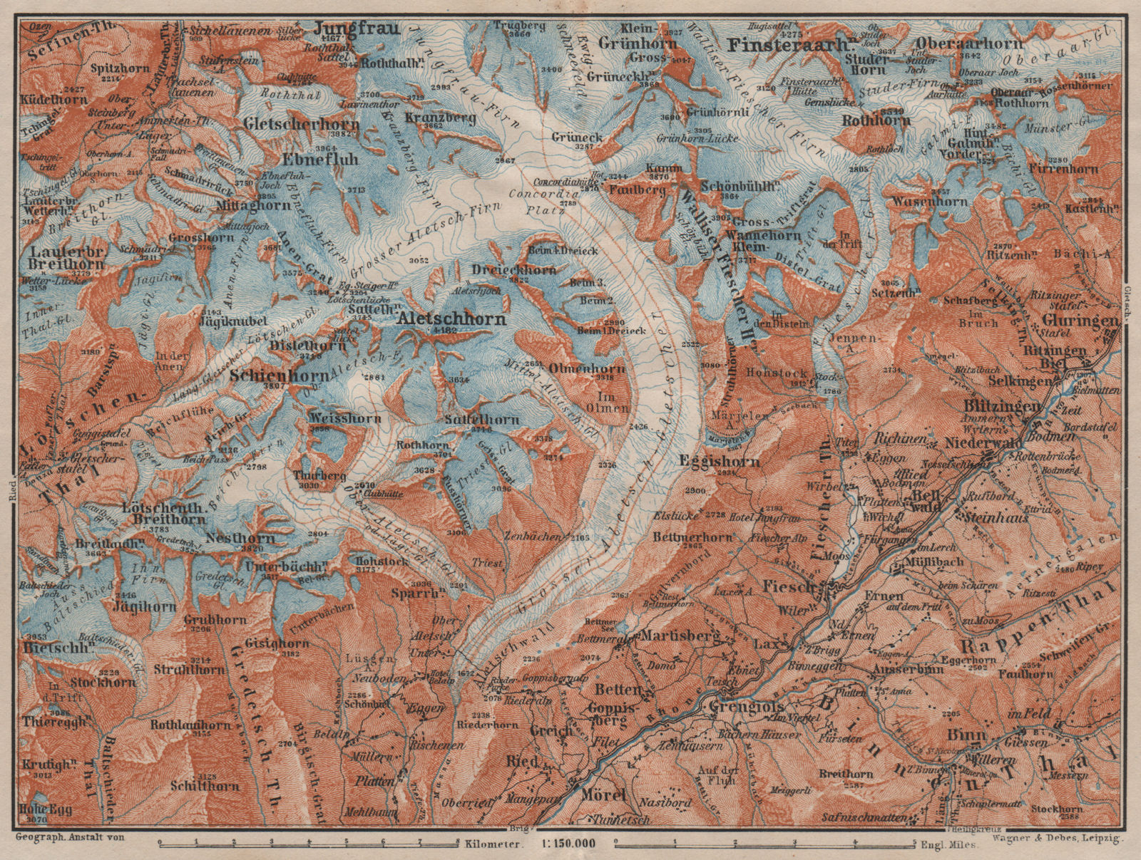 ALETSCHHORN DISTRICT. Fiesch Mörel Jungfrau Nesthorn Grengiols 1911 old map